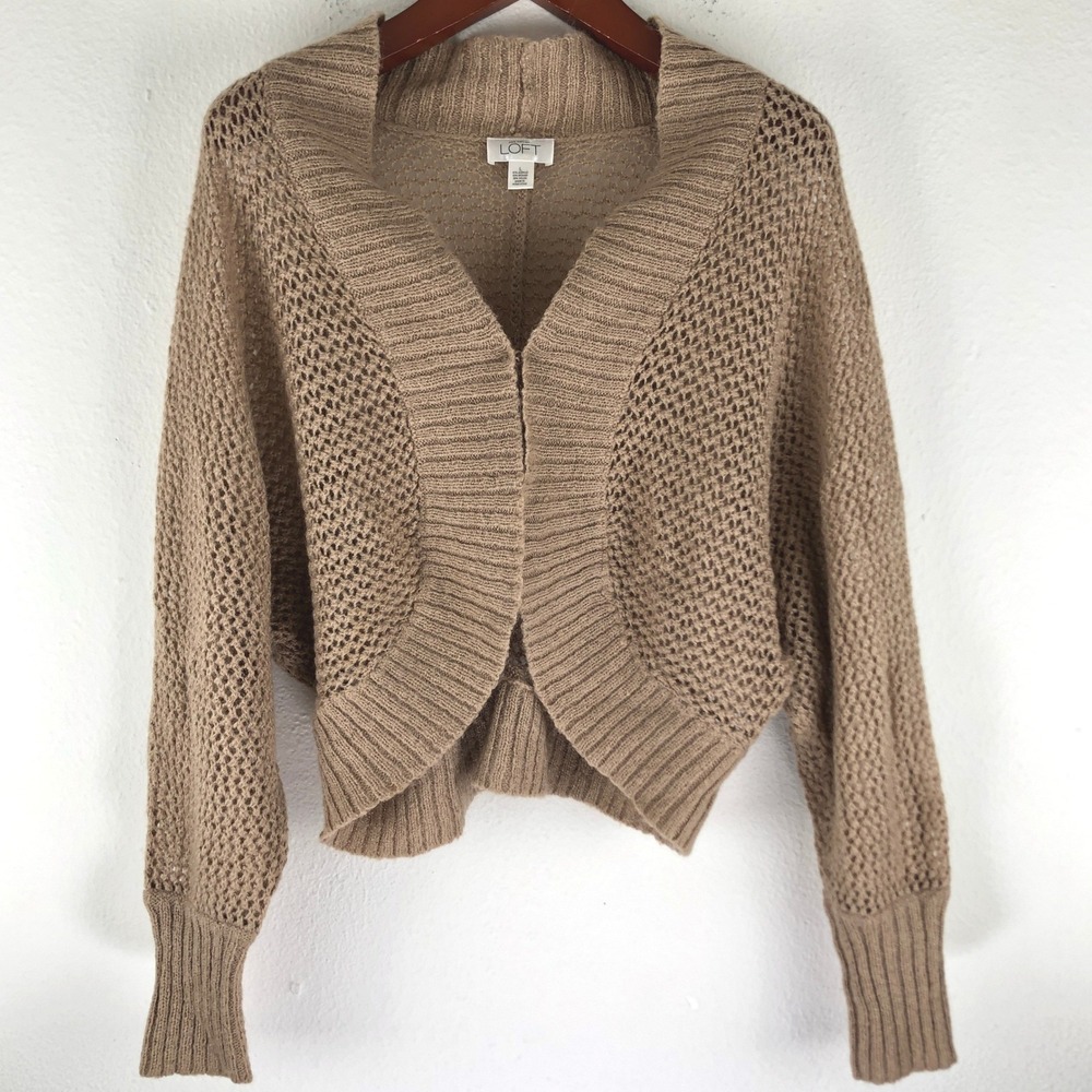 Ann Taylor LOFT Tan Mohair Blend Open Knit Bolero Cardigan Sweater Womens Large